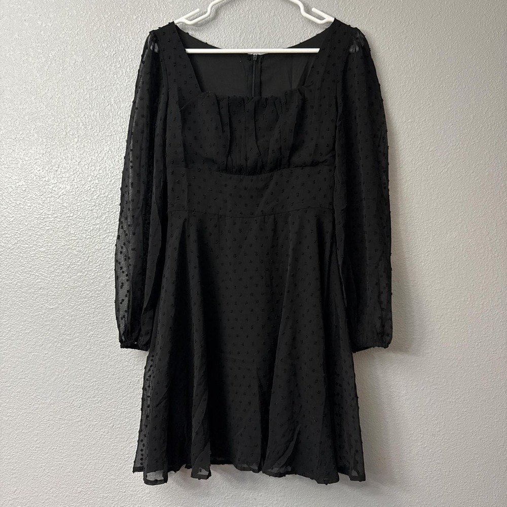 Lyaner Black Swiss Dot Sheer Long Sleeve Square Neck Mini Dress Small
